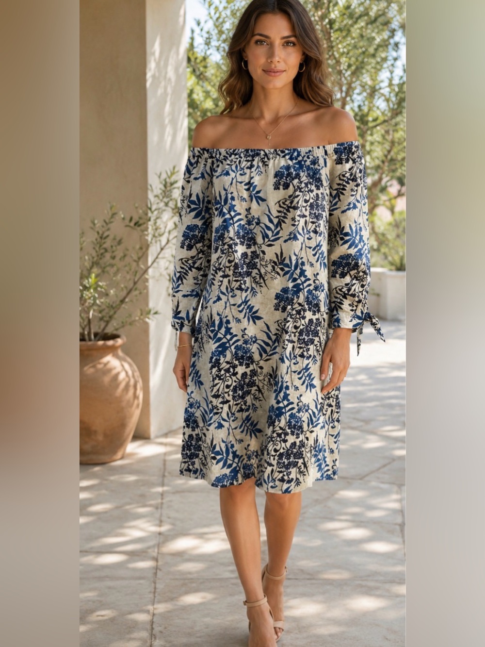 Valentina Naldi Italian Linen Floral Off-Shoulder Tunic Dress - Blue on Cream